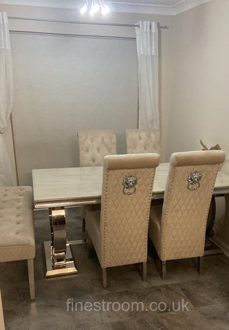 Cream Ariana Round Legs Marble Dining Table with Mink Sofia Chairs + Bench