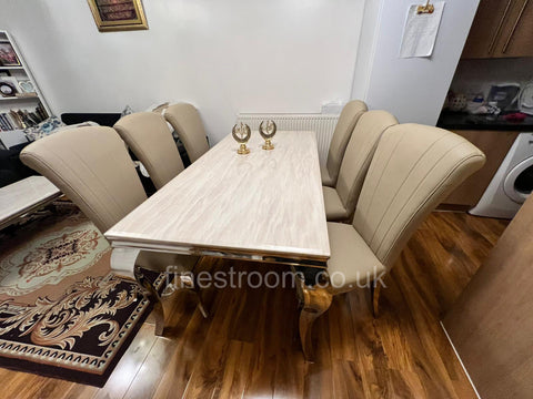 Cream Louis chrome Dining Table with Cream Leather Armenia Chairs
