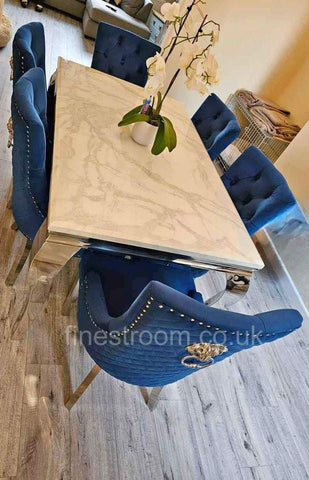 White Louis Dining Table With Navy Majestic Chairs