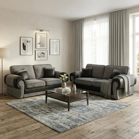 Tango Cord Fabric & Leather Sofa Set – Modern & Comfortable 3+2 Seater in Grey & Brown Colours