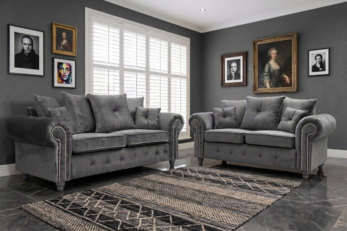 Olympia Plush Velvet Sofa Set – Modern Button-Tufted Design with Scatter Back Cushions, 3+2 Seater in Black & Grey