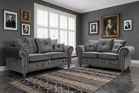 Olympia Plush Velvet Sofa Set – Modern Button-Tufted Design with Scatter Back Cushions, 3+2 Seater in Black & Grey