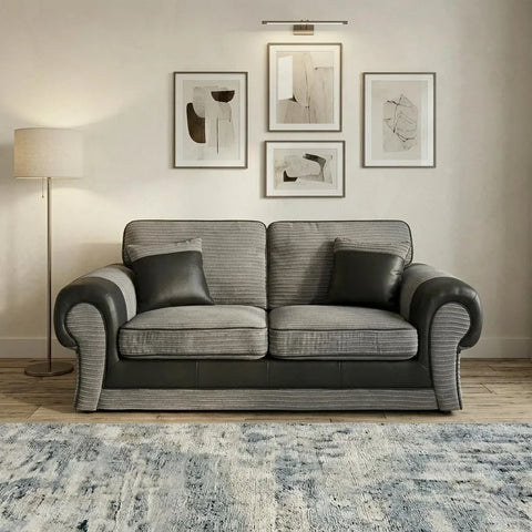 Tango Cord Fabric & Leather Sofa Set – Modern & Comfortable 3+2 Seater in Grey & Brown Colours