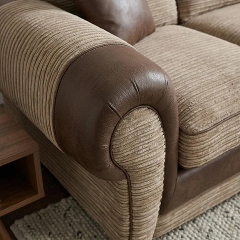 Tango Cord Fabric & Leather Corner Sofa Set – Stylish & Comfortable Design in Grey & Brown Colours