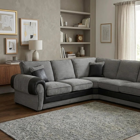 Tango Cord Fabric & Leather Corner Sofa Set – Stylish & Comfortable Design in Grey & Brown Colours