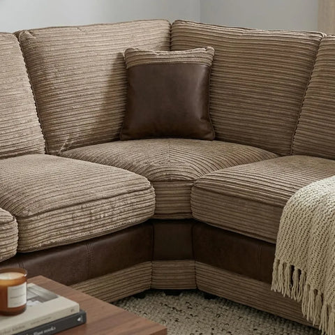 Tango Cord Fabric & Leather Corner Sofa Set – Stylish & Comfortable Design in Grey & Brown Colours