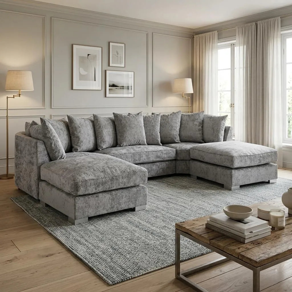 Bishop U-Shape Sofa Set – High Back & Scatter Back Chenille Fabric Modular Sectional with Footstool, Grey