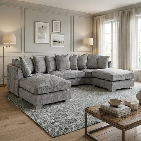 Bishop U-Shape Sofa Set – High Back & Scatter Back Chenille Fabric Modular Sectional with Footstool, Grey