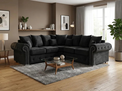 Olympia Plush Velvet Corner Sofa – Modern Button-Tufted Design with Scatter Back Cushions, Available in Grey & Black