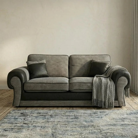 Tango Cord Fabric & Leather Sofa Set – Modern & Comfortable 3+2 Seater in Grey & Brown Colours