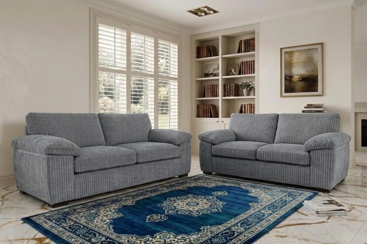 Jumbo Cord Fabric Sofa Set – Ultra Soft 3+2 Seater with Deep Cushions & Durable Wooden Frame, Available in Black, Grey & Cream