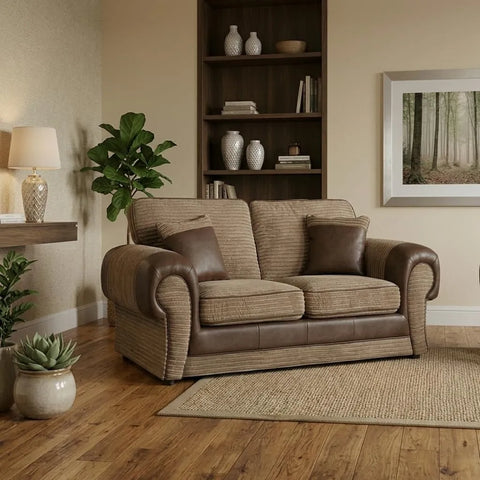 Tango Cord Fabric & Leather Sofa Set – Modern & Comfortable 3+2 Seater in Grey & Brown Colours