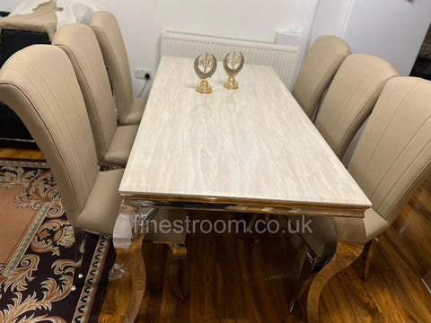Cream Louis chrome Dining Table with Cream Leather Armenia Chairs