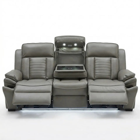 Savilla Electric Leather Recliner Sofa Set – 3+2 Seater with Cup Holders, USB & Type-C Charging Ports, LED Lighting & Wireless Charging, Black & Grey