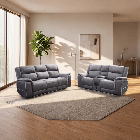 Hannah Grey Microfibre Electric Recliner 3+2 Seater Sofa Set with USB Charging, LED Lights & Bluetooth Speakers