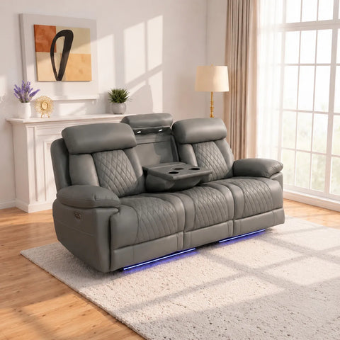 Carlisle Leather Electric Recliner 3+2 Seater Sofa Set with LED Lights, Cooling Cup Holders, USB-C Charging Ports & Storage Console