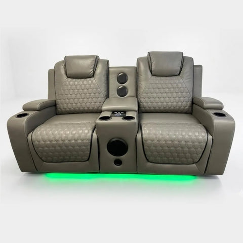 Malaga Leather Electric Recliner Sofa Set – 3+2 Seater with LED Lights, Bluetooth Speakers, USB & Type-C Charging and Wireless Charging (Grey, Black & Cream)
