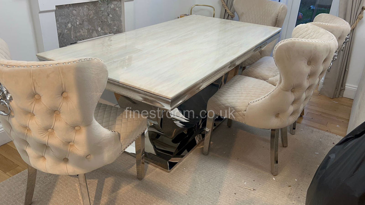 Cream Arial Marble Dining Table with Mink Valentino Chairs