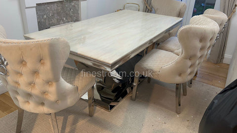 Cream Arial Marble Dining Table with Mink Valentino Chairs