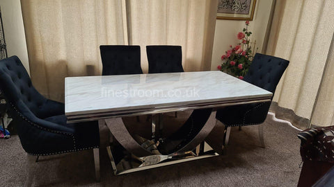 White Arial Dining Table with Black Majestic Chairs