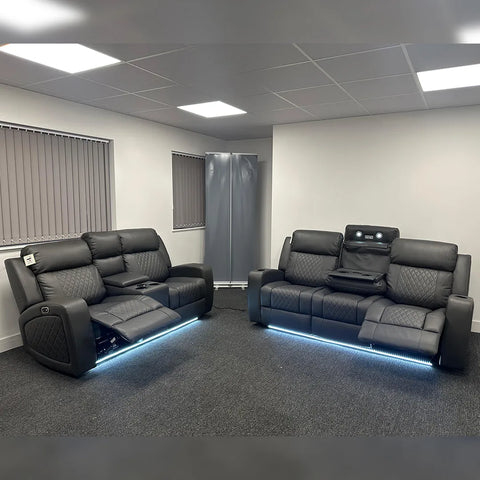 Texas Leather Electric Recliner Sofa Set 3+2 Seater with Cup Holders, LED Lights, Storage, USB Charging Ports, Type-C Charging & Wireless Charging (3+2 Seater, Black & Grey)