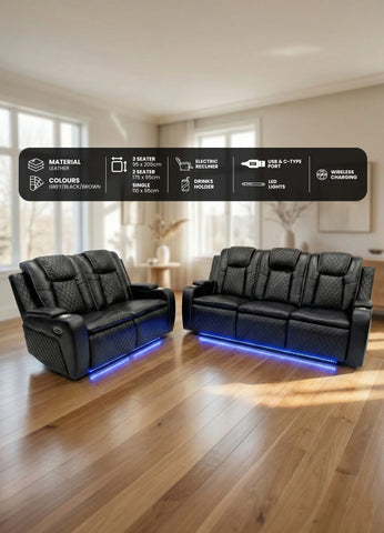 Colorado Leather Electric Recliner Sofa – Cup Holders, LED Lights, USB & Type-C Ports, Wireless Charging (Grey, Black, Brown)