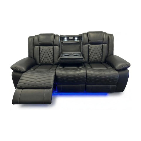 Michigan Leather Electric Recliners Sofa With Cupholders (Black/Grey/Brown) - 3+2 Seater Sofa/Bluetooth Speakers/LED Lights/USB Charging Ports/Storage