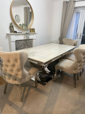 Cream Arial Marble Dining Table with Mink Valentino Chairs