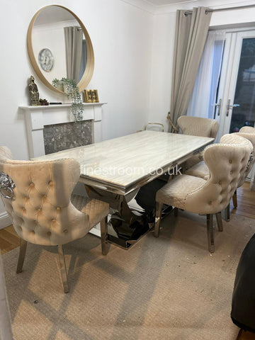 Cream Arial Marble Dining Table with Mink Valentino Chairs
