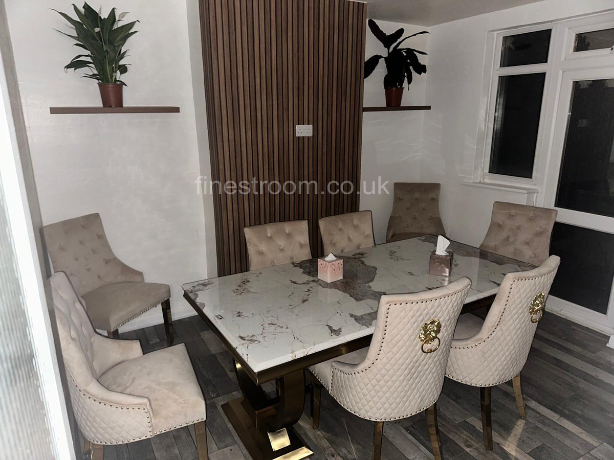 Pandora Gold Ariana Dining Table With Mink Majestic Lion Knocker Chairs