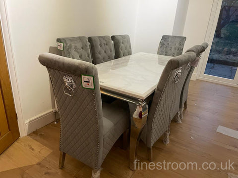 White Louis Dining Table With Dark Grey Sofia Chairs