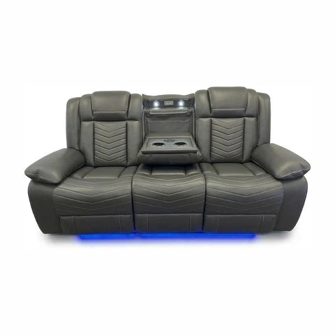Michigan Leather Electric Recliners Sofa With Cupholders (Black/Grey/Brown) - 3+2 Seater Sofa/Bluetooth Speakers/LED Lights/USB Charging Ports/Storage