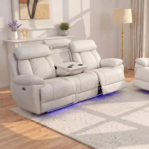 Carlisle Leather Electric Recliner 3+2 Seater Sofa Set with LED Lights, Cooling Cup Holders, USB-C Charging Ports & Storage Console