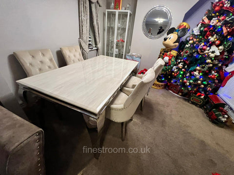Cream Louis Chrome Dining Table with Mink Valencia Ring Knocker Chairs
