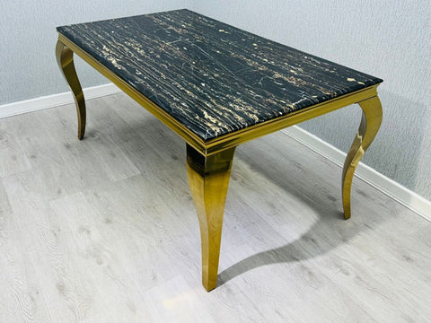 Black Gold Louis Dining Table With Black Gold LK Victoria Chairs & High Back Bench