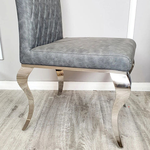 White Arial Dining Table With Dark Grey Leather Nicole Chairs