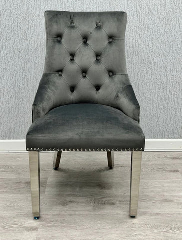 White Louis Dining Table With Dark Grey Round Knocker Majestic Chairs