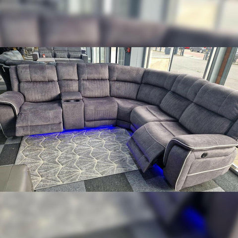 Hannah Fabric Electric Recliner Corner Sofa- Fabric Corner Sofa With - Cup Holders/LED Lights