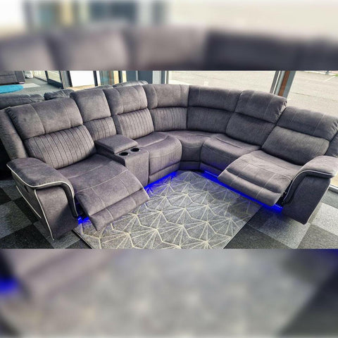 Hannah Fabric Electric Recliner Corner Sofa- Fabric Corner Sofa With - Cup Holders/LED Lights