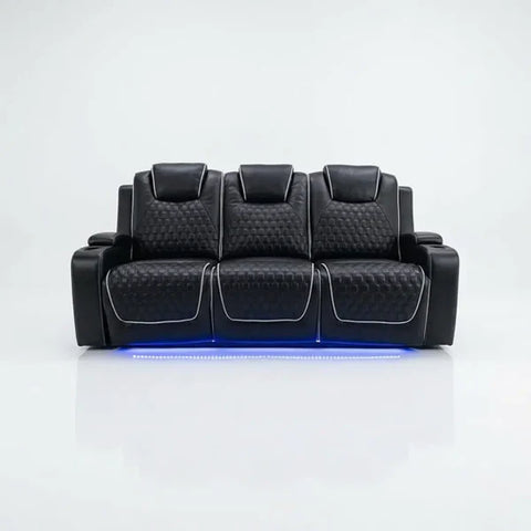 Malaga Leather Electric Recliner Sofa Set – 3+2 Seater with LED Lights, Bluetooth Speakers, USB & Type-C Charging and Wireless Charging (Grey, Black & Cream)