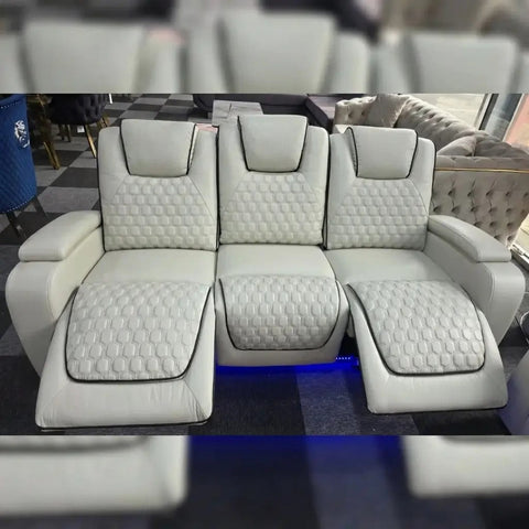 Malaga Leather Electric Recliner Sofa Set – 3+2 Seater with LED Lights, Bluetooth Speakers, USB & Type-C Charging and Wireless Charging (Grey, Black & Cream)