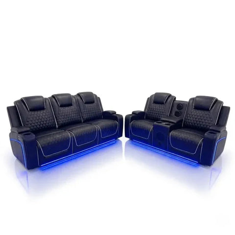Malaga Leather Electric Recliner Sofa Set – 3+2 Seater with LED Lights, Bluetooth Speakers, USB & Type-C Charging and Wireless Charging (Grey, Black & Cream)