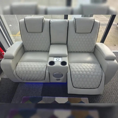 Malaga Leather Electric Recliner Sofa Set – 3+2 Seater with LED Lights, Bluetooth Speakers, USB & Type-C Charging and Wireless Charging (Grey, Black & Cream)