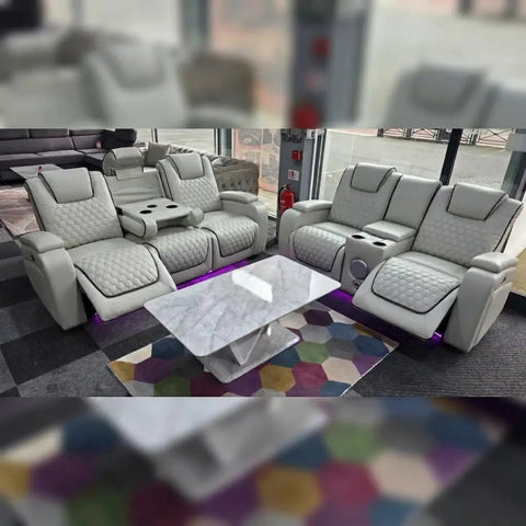 Malaga Leather Electric Recliner Sofa Set – 3+2 Seater with LED Lights, Bluetooth Speakers, USB & Type-C Charging and Wireless Charging (Grey, Black & Cream)