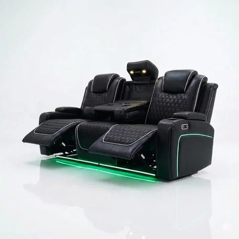 Malaga Leather Electric Recliner Sofa Set – 3+2 Seater with LED Lights, Bluetooth Speakers, USB & Type-C Charging and Wireless Charging (Grey, Black & Cream)