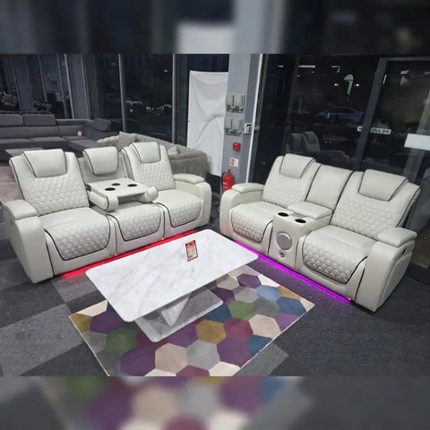 Malaga Leather Electric Recliner Sofa Set – 3+2 Seater with LED Lights, Bluetooth Speakers, USB & Type-C Charging and Wireless Charging (Grey, Black & Cream)