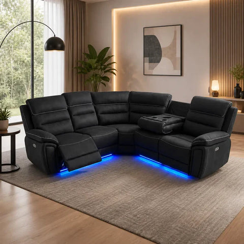 Milano Fabric Electric Recliner Corner Sofa Set – LED Lighting, USB & Type-C Charging, Wireless Charging & Cup Holders
