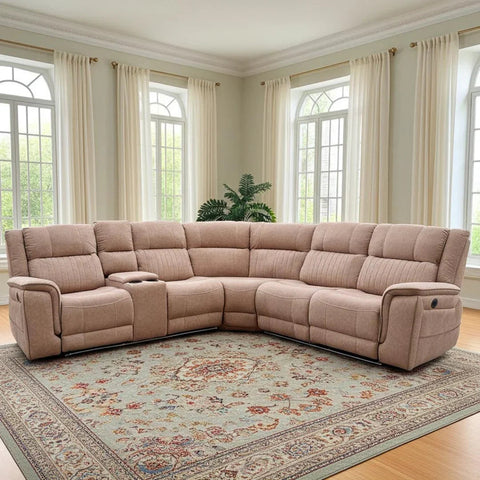 Hannah Fabric Electric Recliner Corner Sofa- Fabric Corner Sofa With - Cup Holders/LED Lights