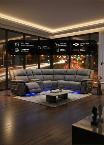 Hannah Fabric Electric Recliner Corner Sofa- Fabric Corner Sofa With - Cup Holders/LED Lights