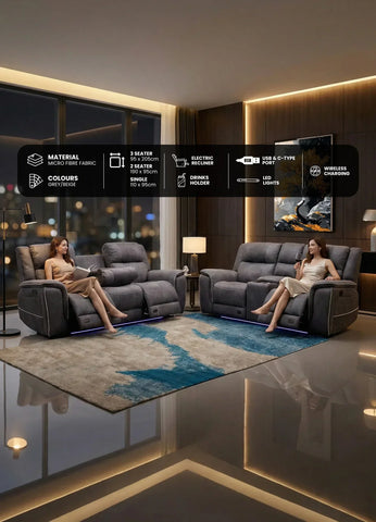 Hannah Fabric Electric Recliner Sofa 3+2 Seater Set - 3+2 Seater Sofa With Cup-Holders/LED Lights